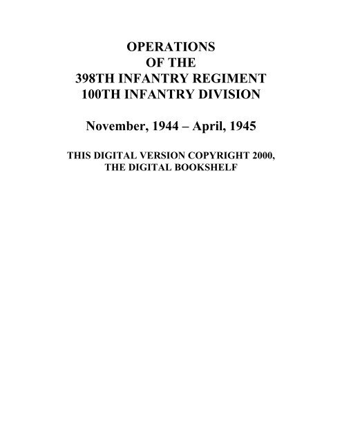 OPERATIONS OF THE 398TH INFANTRY REGIMENT 100TH ...