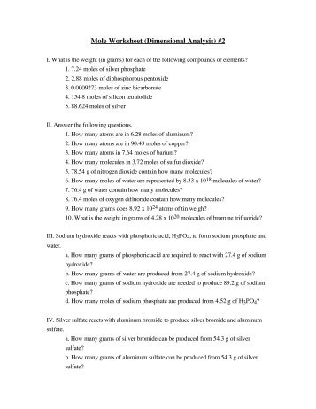 Mole Worksheet (Dimensional Analysis) #2