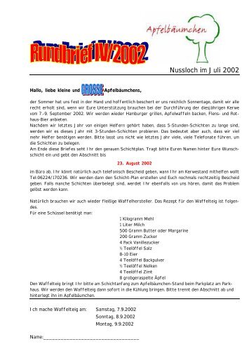 Schichtplan Kerwe 2002 - Apfelbäumchen Nußloch