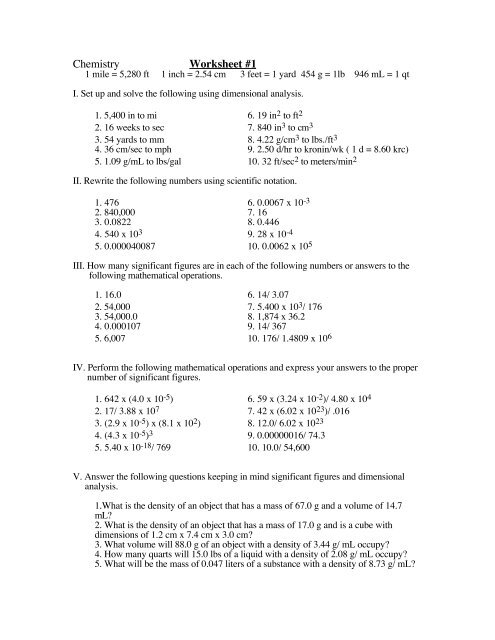 Dimensional Analysis Worksheet Chemistry