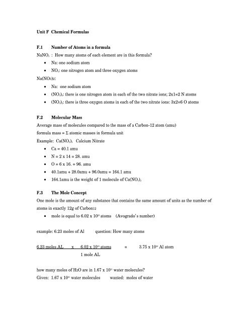 Unit F Chemical Formulas F.1 Number of Atoms in a formula NaNO3 ...