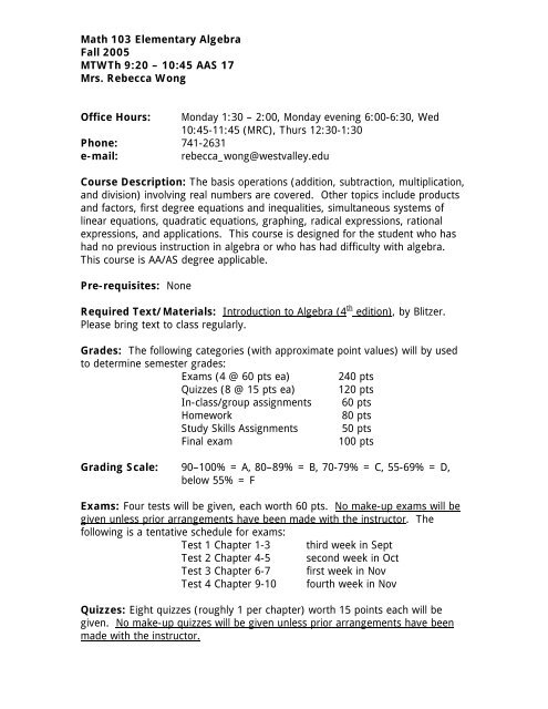 Math 103 Elementary Algebra - West Valley College