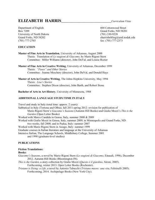 Elizabeth Harris' CV - Arts & Sciences - University of North Dakota