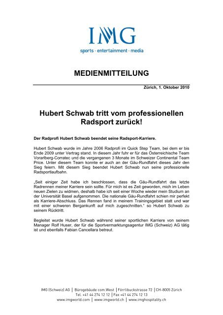 Hubert Schwab tritt vom professionellen Radsport ... - IMG (Schweiz)