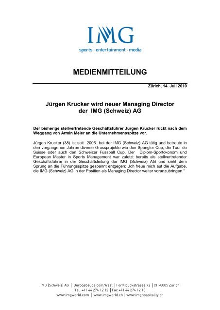 Jürgen Krucker wird neuer Managing Director der IMG (Schweiz) AG