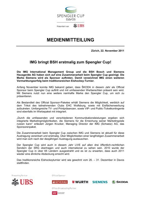 IMG bringt BSH erstmalig zum Spengler Cup! - IMG (Schweiz)