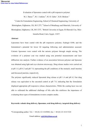 Evaluation of liposomes coated with a pH responsive - University of ...