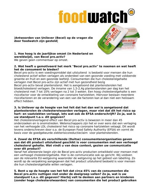 |Antwoorden van Unilever (Becel) op de vragen die door foodwatch ...