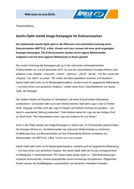 Apollo-Optik startet Image-Kampagne für Exklusivmarken