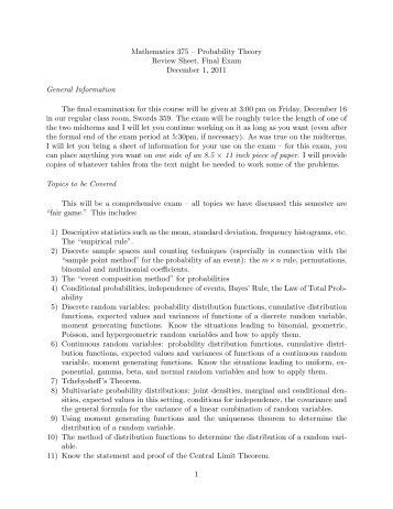 Final exam review sheet - Mathematics and Computer Science