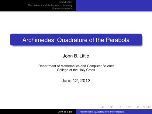 Archimedes' Quadrature of the Parabola - Mathematics and ...