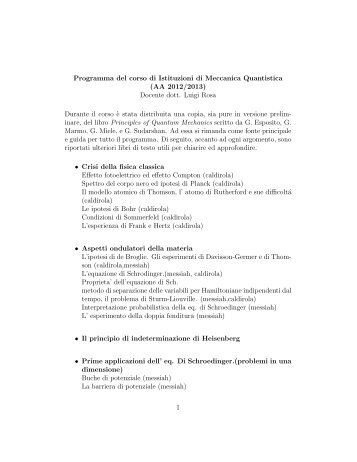 Programma del corso di Istituzioni di Meccanica Quantistica (AA ...