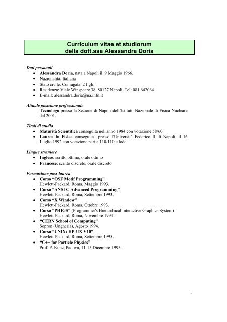 Curriculum vitae et studiorum della dott.ssa ... - INFN Napoli