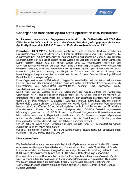 Geborgenheit schenken: Apollo-Optik spendet an SOS-Kinderdorf