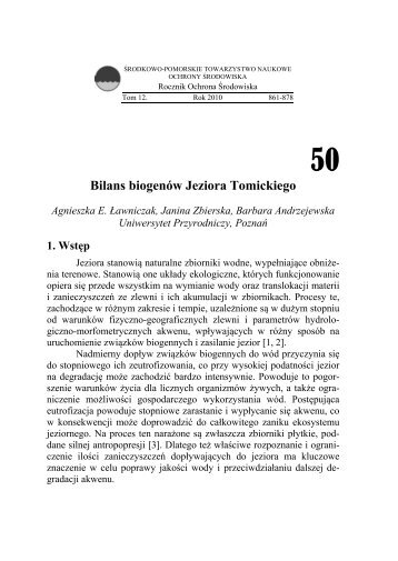 Bilans biogenów Jeziora Tomickiego - Rocznik Ochrony Środowiska