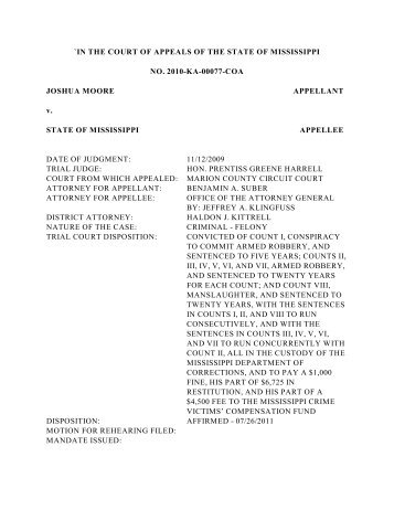 `IN THE COURT OF APPEALS OF THE STATE OF MISSISSIPPI NO ...