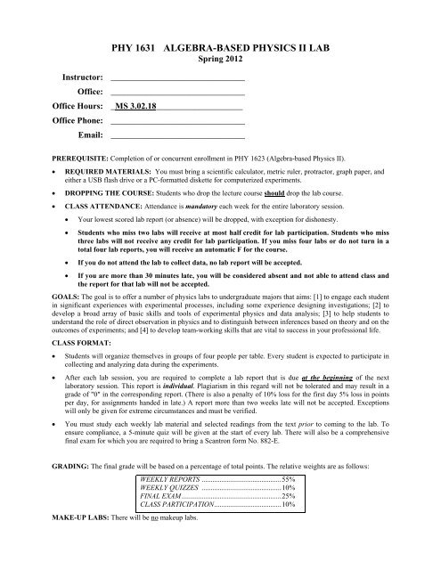 PHY 1631 ALGEBRA-BASED PHYSICS II LAB