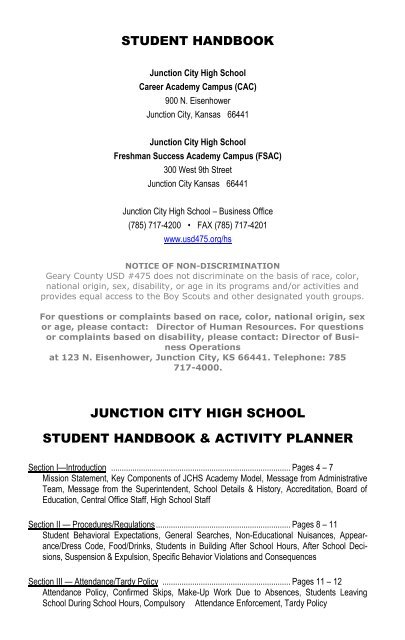 STUDENT HANDBOOK JUNCTION CITY HIGH SCHOOL STUDENT ...