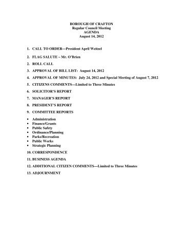 BOROUGH OF CRAFTON Regular Council Meeting AGENDA ...