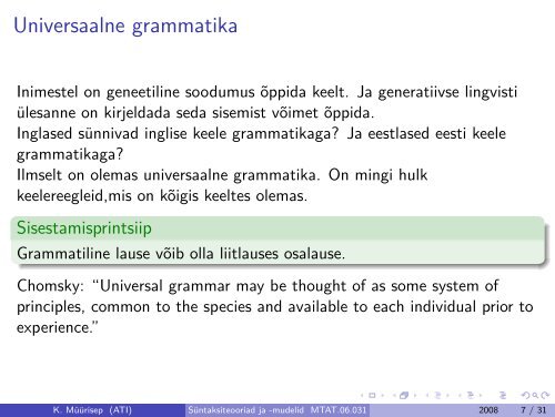 Süntaksiteooriad ja -mudelid MTAT.06.031 - 3. loeng