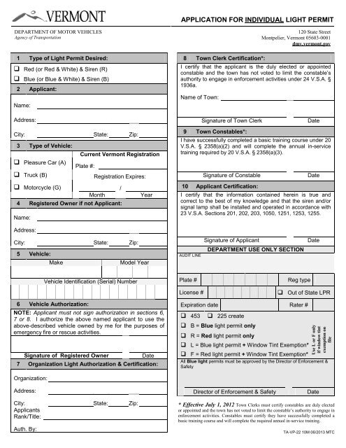 application for individual light permit - Vermont Department of Motor ...