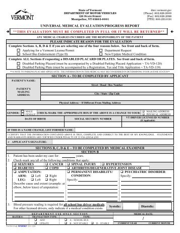 Universal Medical Evaluation Form - Vermont Department of Motor ...