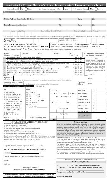 Vermont Operator's License & Vermont Voter Registration Application