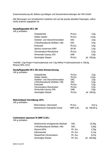 Zusammensetzung der Salben, Grundlagen, Konzentrate