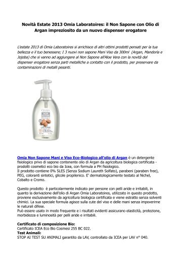 OmiaLaboratoires OlioArgan: il Non Sapone Ã¨ la NovitÃ  Estate 2013