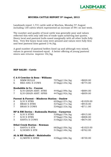 muchea cattle report - Livestock - Landmark