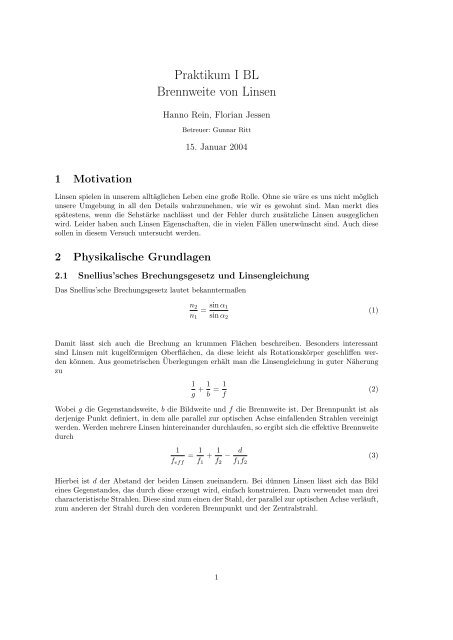Praktikum I BL Brennweite von Linsen - hanno-rein.de