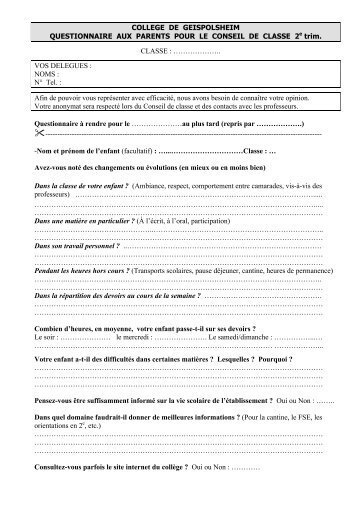 COLLEGE DE GEISPOLSHEIM QUESTIONNAIRE AUX PARENTS ...