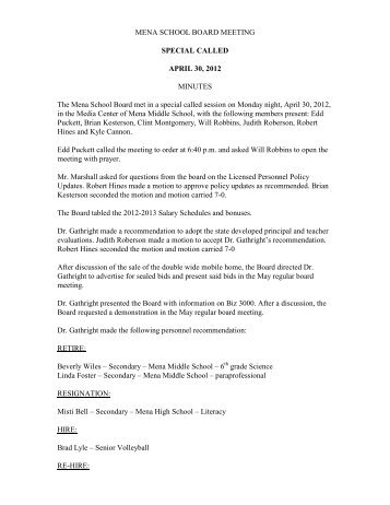 MENA SCHOOL BOARD MEETING - Mena Public Schools