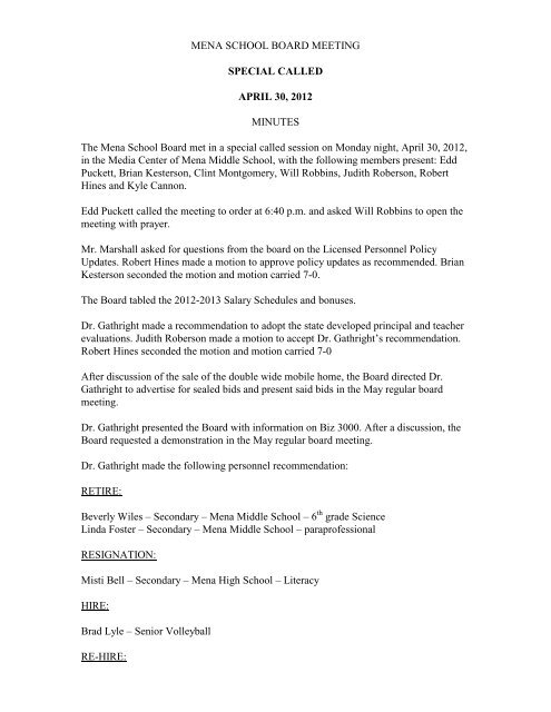 MENA SCHOOL BOARD MEETING - Mena Public Schools