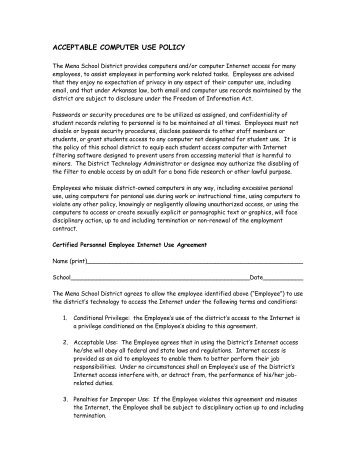 ACCEPTABLE COMPUTER USE POLICY - Mena School District