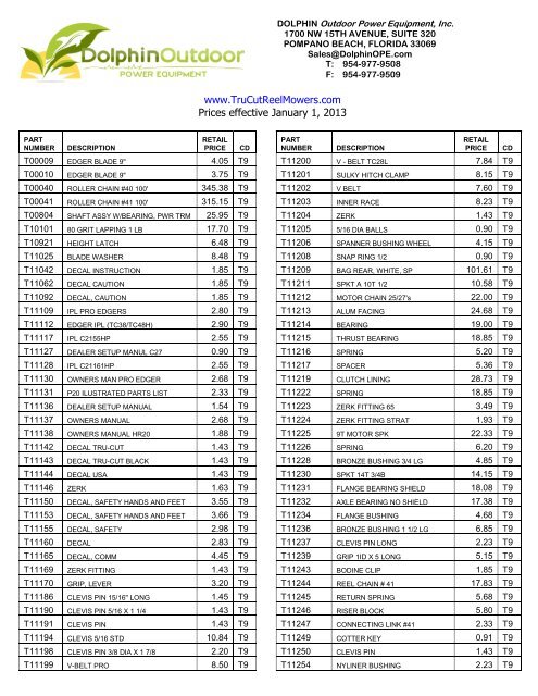 a Tru-Cut Parts Price List