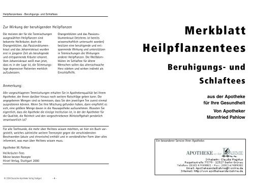 Merkblatt Heilpflanzentees Beruhigungs- und Schlaftees