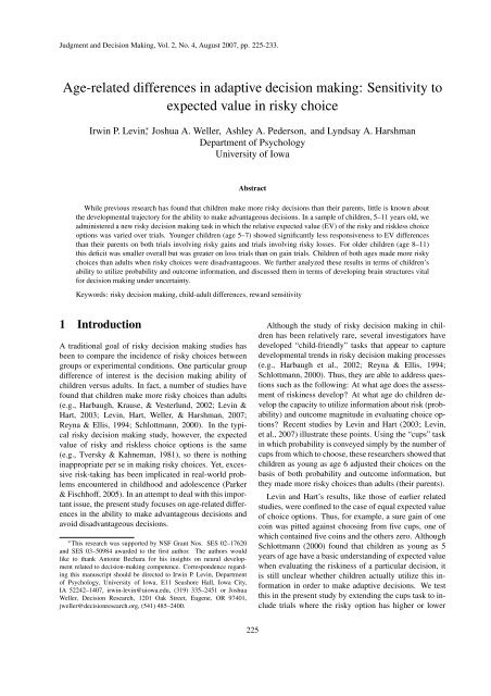 Sensitivity to expected value in risky choice - Judgment and ...