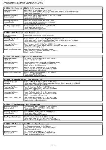 - 1 - Anschriftenverzeichnis Stand: 26.05.2013 - SportEngine