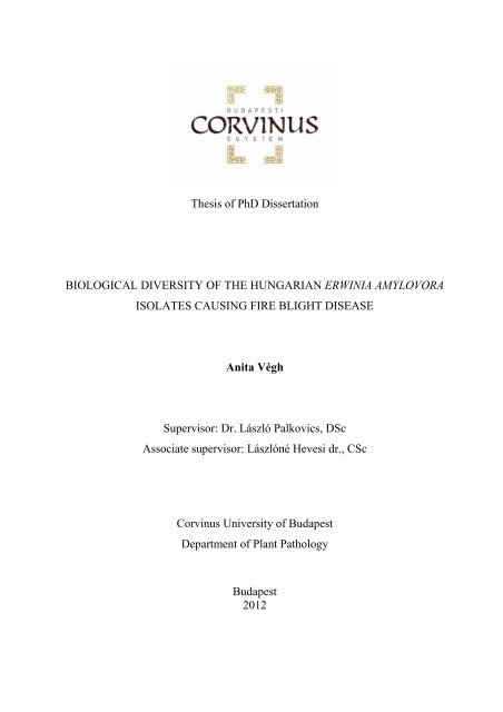 Thesis of PhD Dissertation BIOLOGICAL DIVERSITY OF THE ...