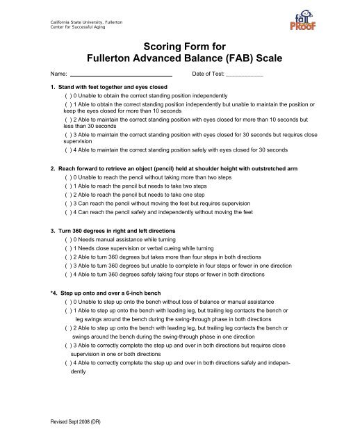 Scoring Form for Fullerton Advanced Balance (FAB) Scale