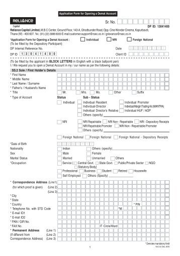 Demat Account (with Reliance Capital Ltd.) Opening form