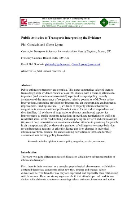 Goodwin, P. and Lyons, G. (2009) Public attitudes to transport ...