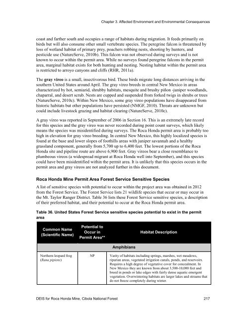 Draft Environmental Impact Statement for Roca Honda Mine