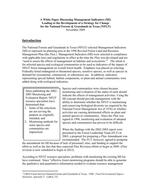 A White Paper Discussing Management Indicator Species (MIS)