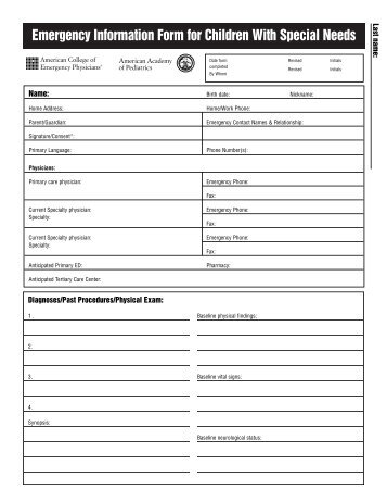 Emergency Information Form for Children with Special Needs – Blank