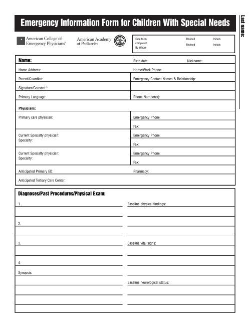 Emergency Information Form for Children with Special Needs – Blank