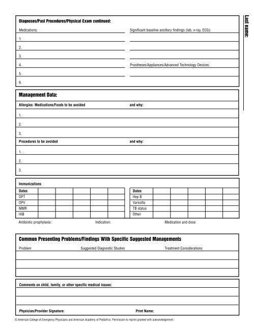 Emergency Information Form for Children with Special Needs – Blank