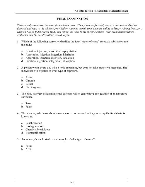 An Introduction to Hazardous Materials: Exam - Emergency 