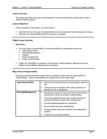 Module 1, Lesson 6: Responsibilities Summary of Lesson Content ...